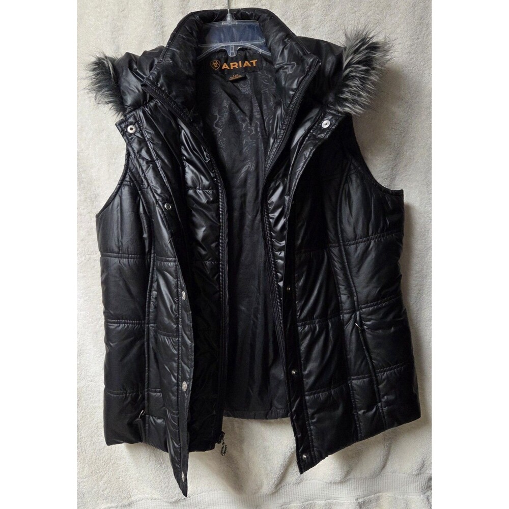 Ariat Women's Faux Fur-lined Hooded Puffer Vest Black Large Zips and Snaps